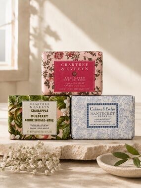 Crabtree & Evelyn Triple Milled Soap Bundle Rosewater Nantucket Briar Crabapple